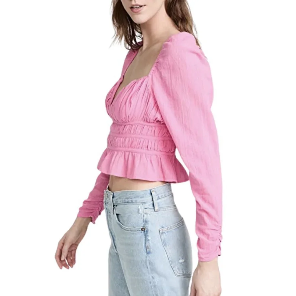 NWT Free People Chloe Peplum Long Sleeve Top in Aurora Pink